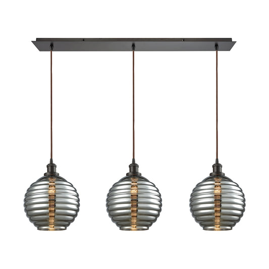 Ridley 36'' Wide 3-Light Linear Pendant - Oil Rubbed Bronze with Smoke-plated Beehive Glass