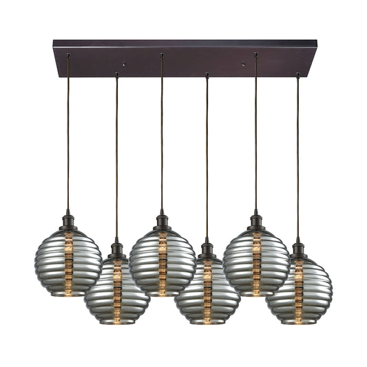 Ridley 30'' Wide 6-Light Rectangular Pendant - Oil Rubbed Bronze with Smoke-plated Beehive Glass
