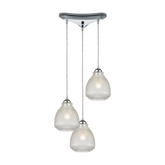 Victoriana 12'' Wide 3-Light Triangular Pendant - Polished Chrome with Clear Crosshatched Glass