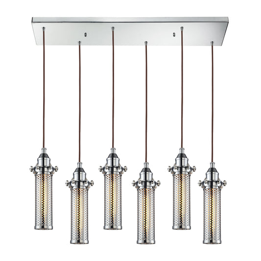 Fulton 9'' Wide 6-Light Rectangular Pendant - Polished Chrome with Perforated Metal Shade