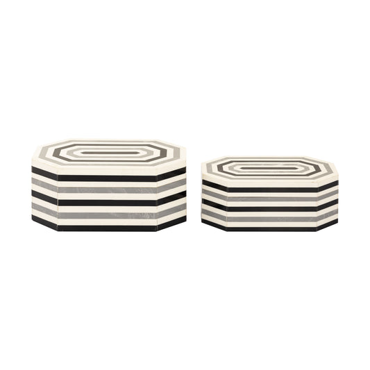 Octagonal Striped Box - Set of 2 White