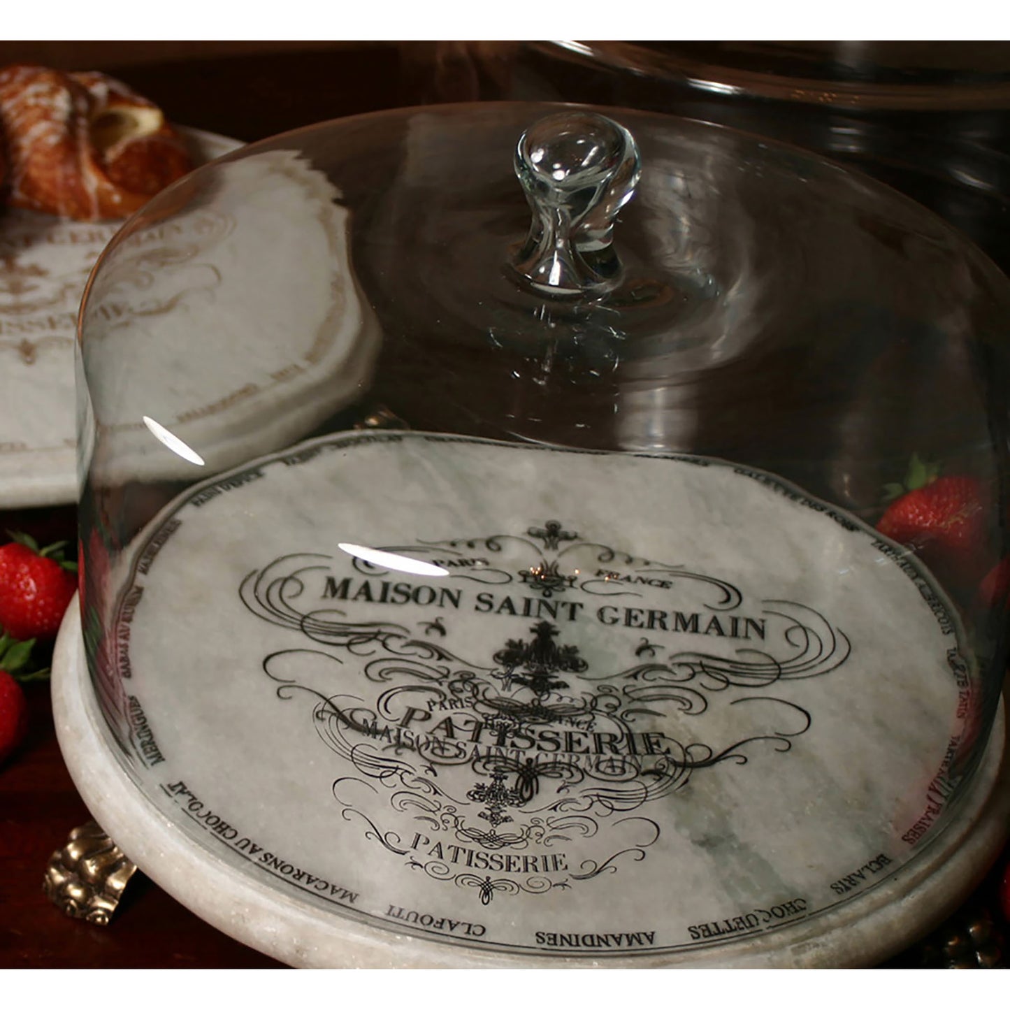 MARBLE PATISSERIE - CLOCHE AND MARBLE STAND - GOLD WRITING - BASE
