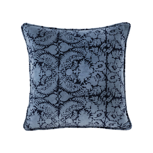 Blue Patterned 20x20 Hand-Printed Reversible Pillow in 100% Cotton Velvet